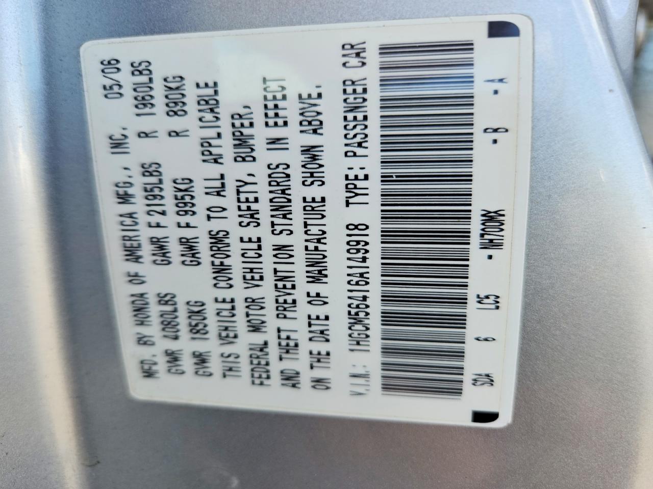 2006 HONDA ACCORD LX photo 34