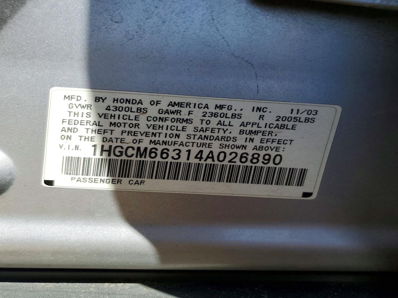 2004 HONDA ACCORD LX photo 12