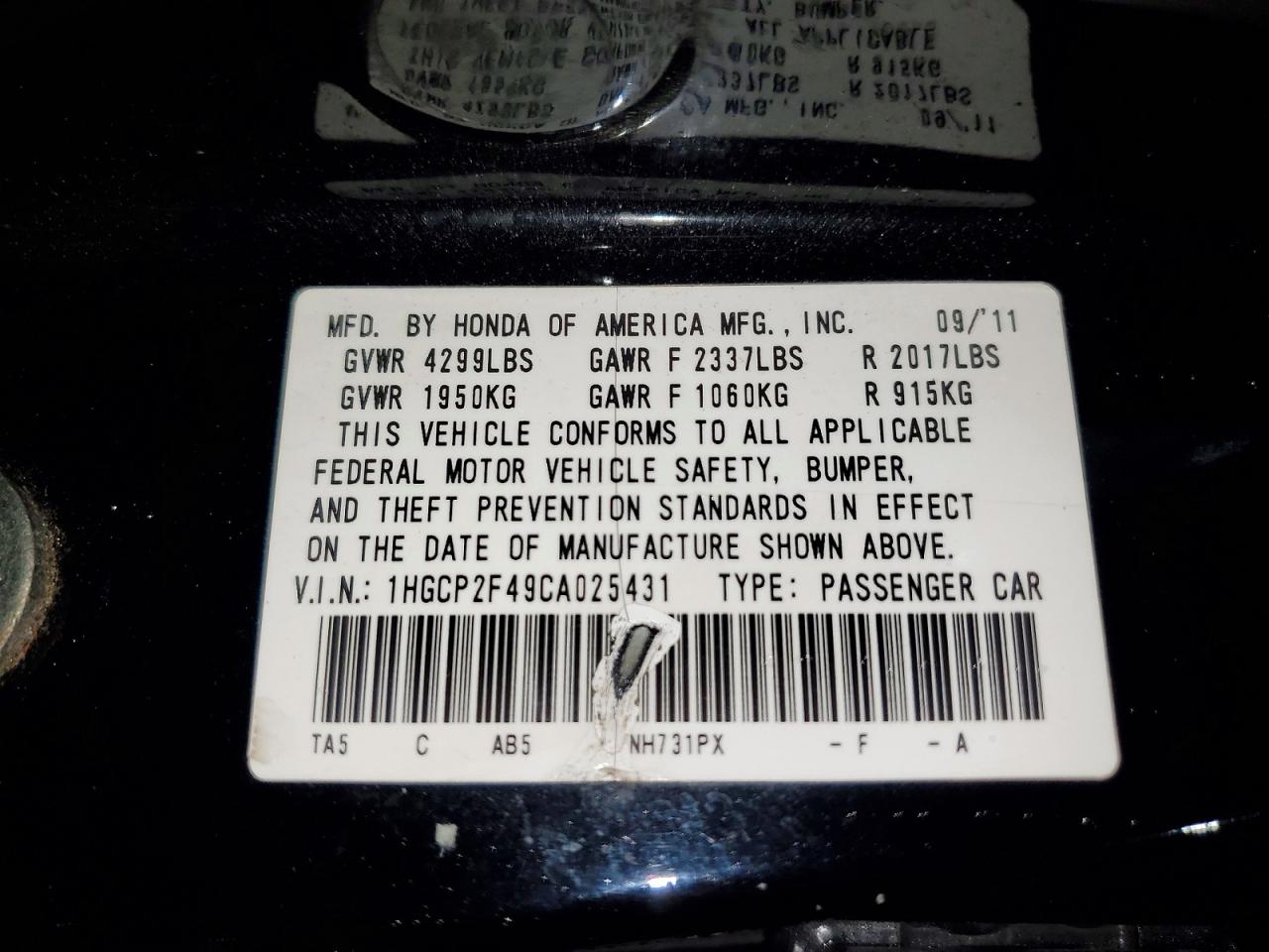 2012 HONDA ACCORD LXP photo 23