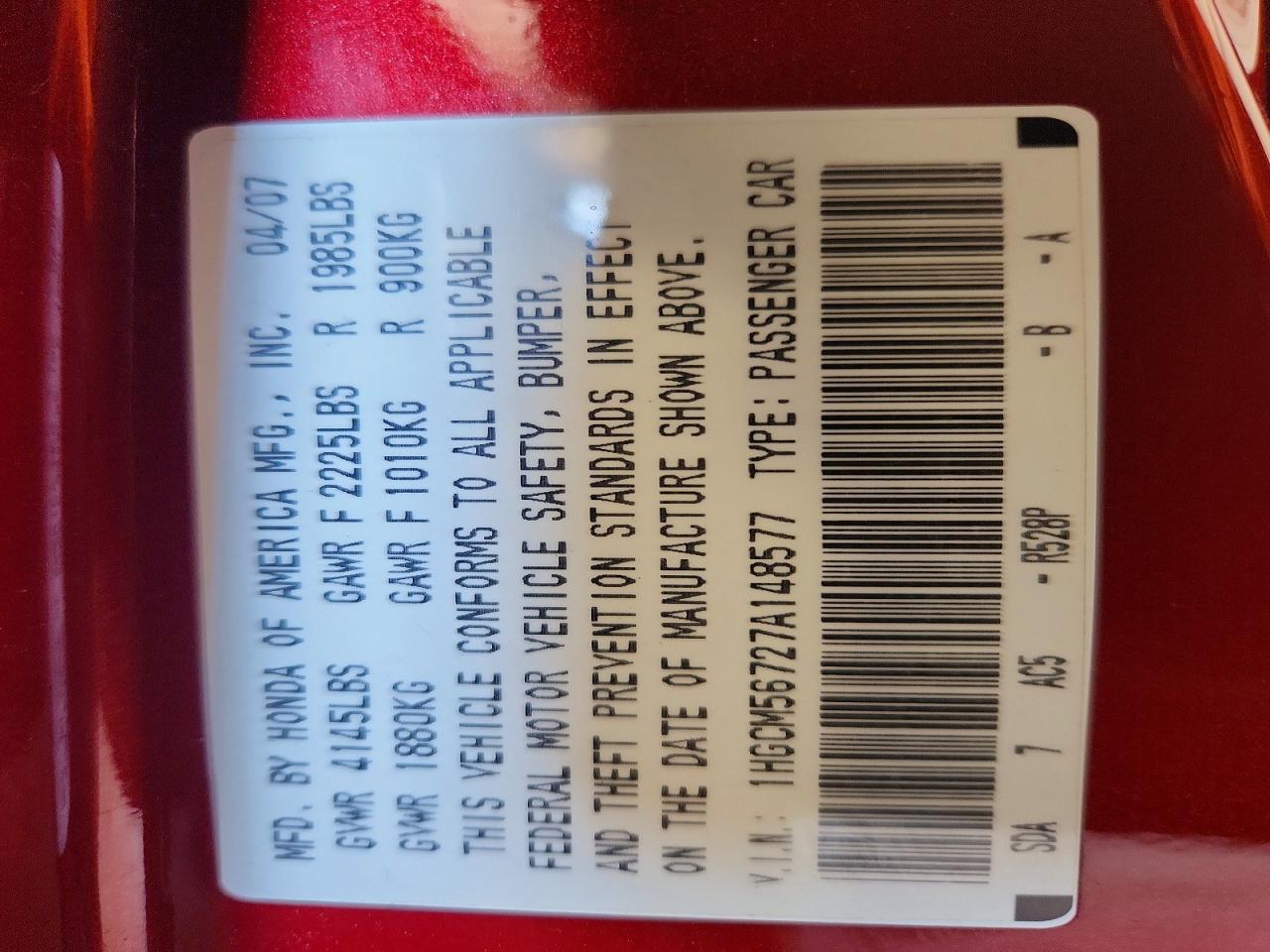 2007 HONDA ACCORD EX photo 12
