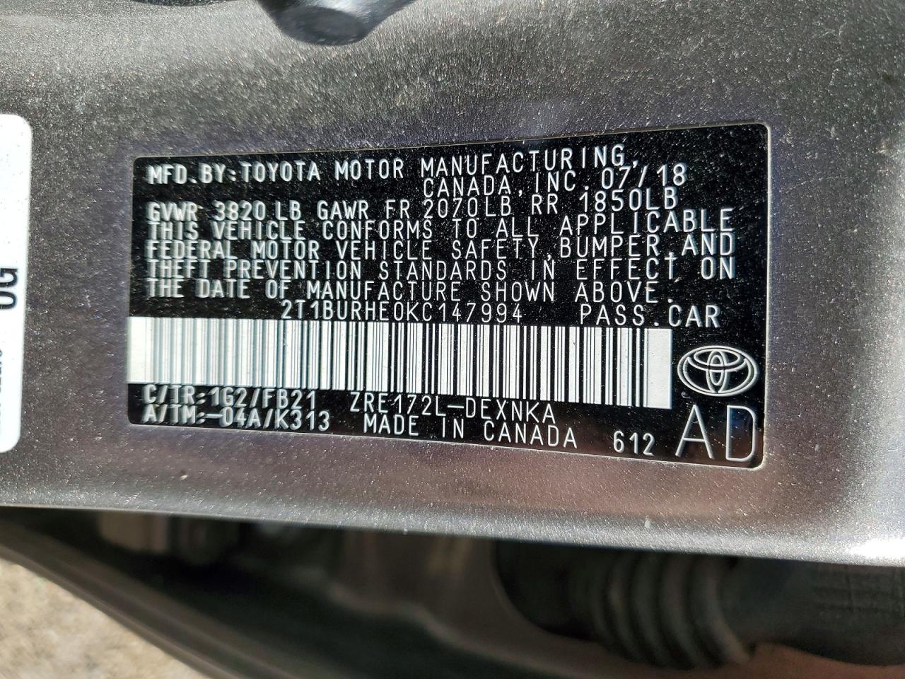 2019 TOYOTA COROLLA L photo 12