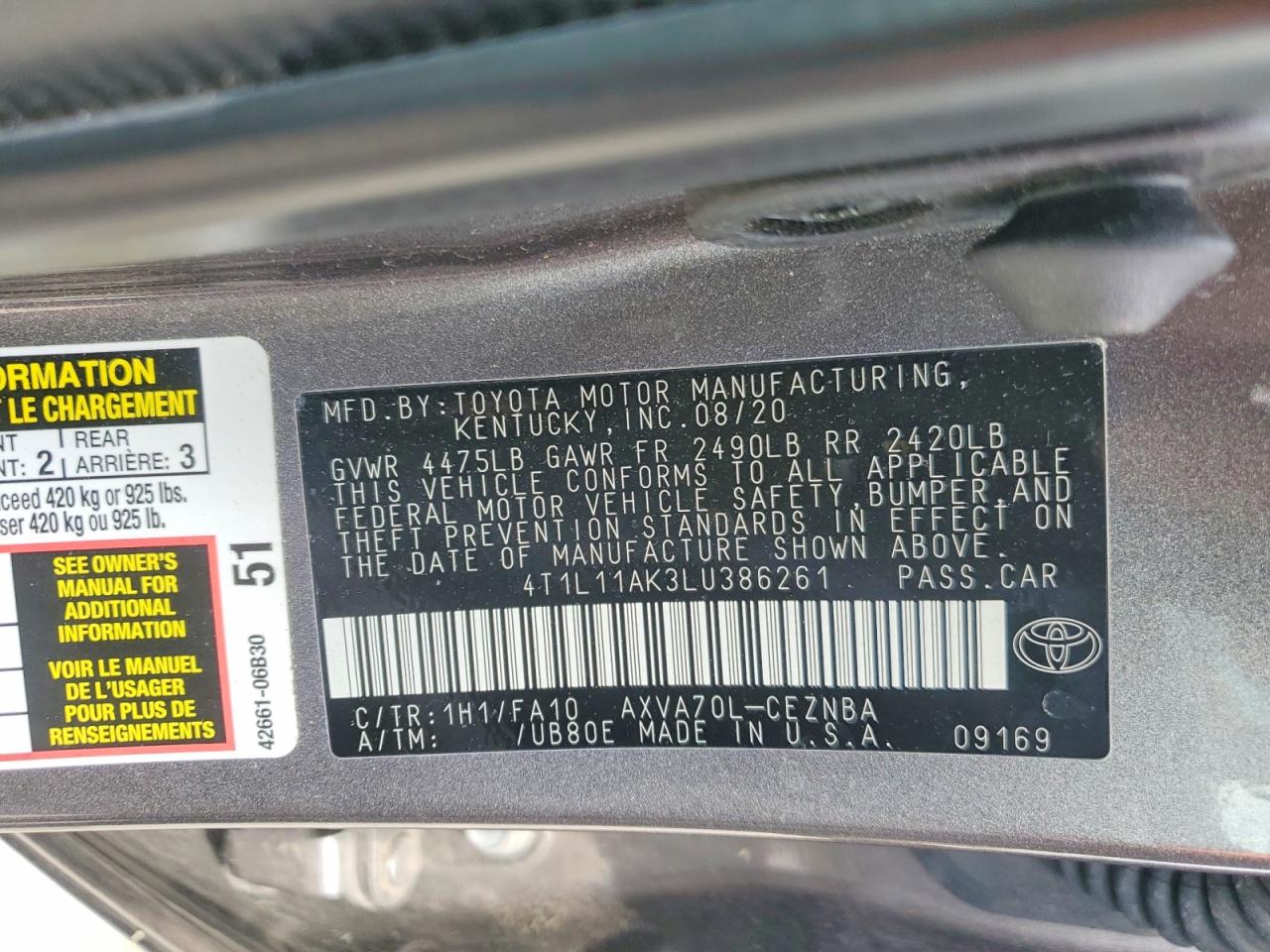 2020 TOYOTA CAMRY LE photo 12