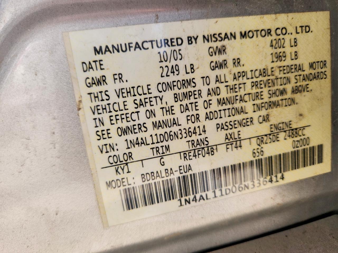 2006 NISSAN ALTIMA 2.5 photo 12