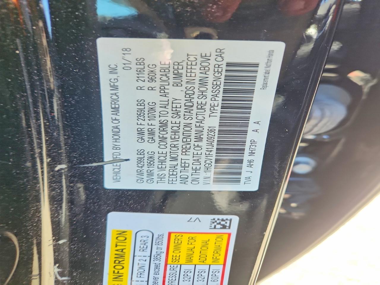 2018 HONDA ACCORD EX photo 34