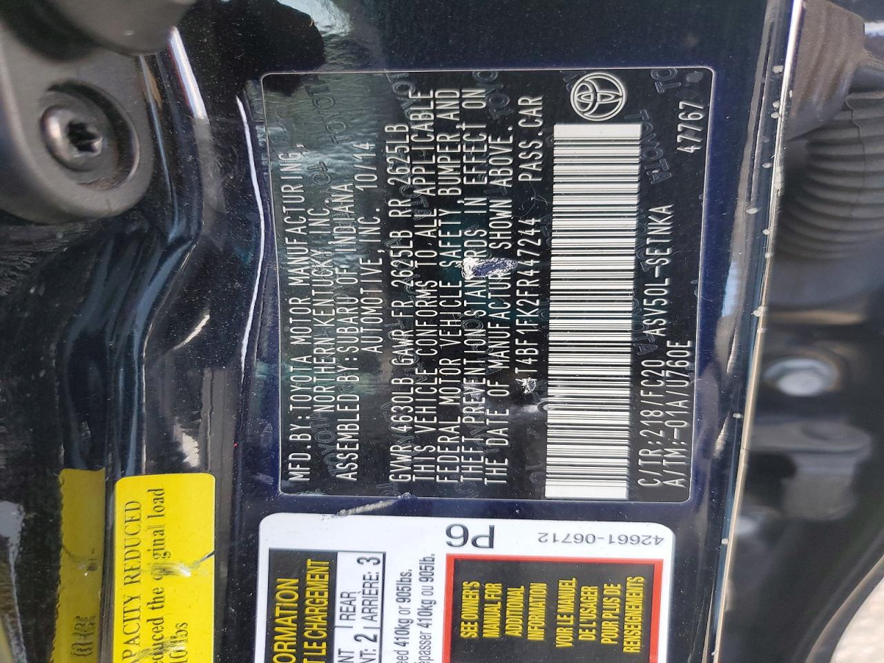 2015 TOYOTA CAMRY LE photo 12