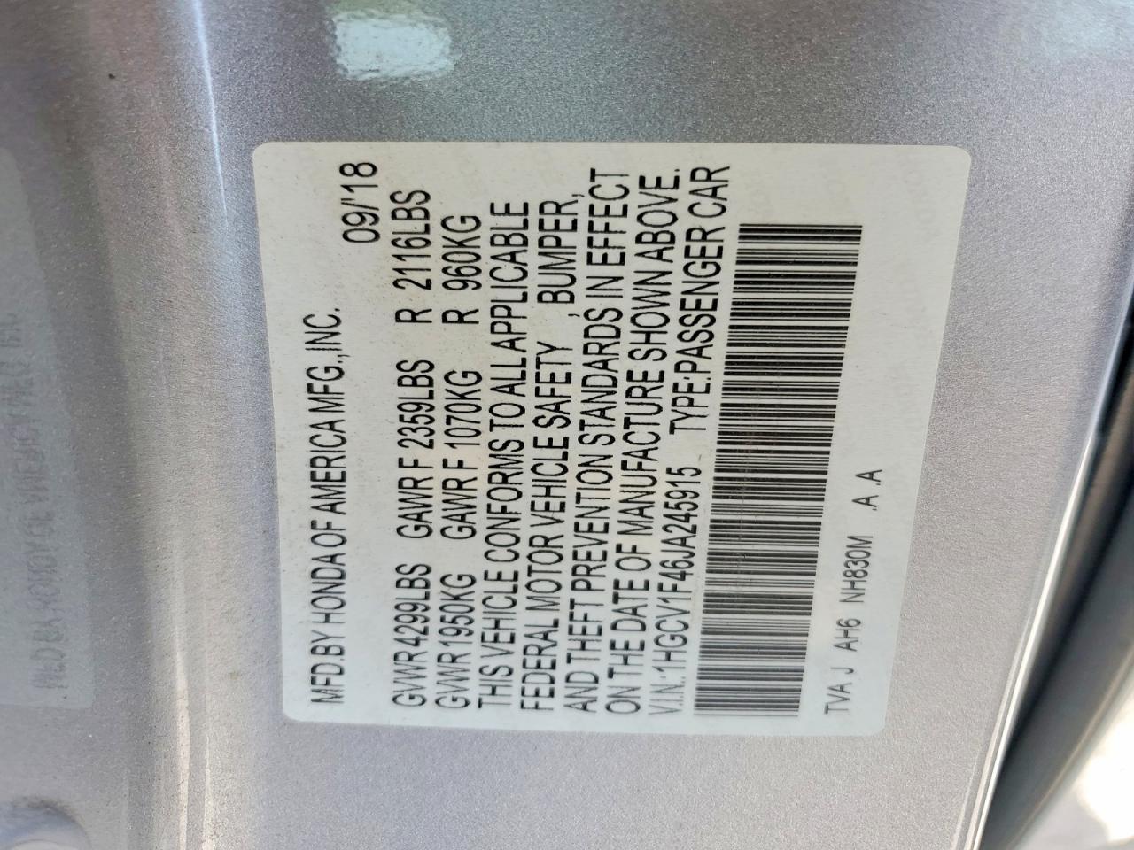 2018 HONDA ACCORD EX photo 25
