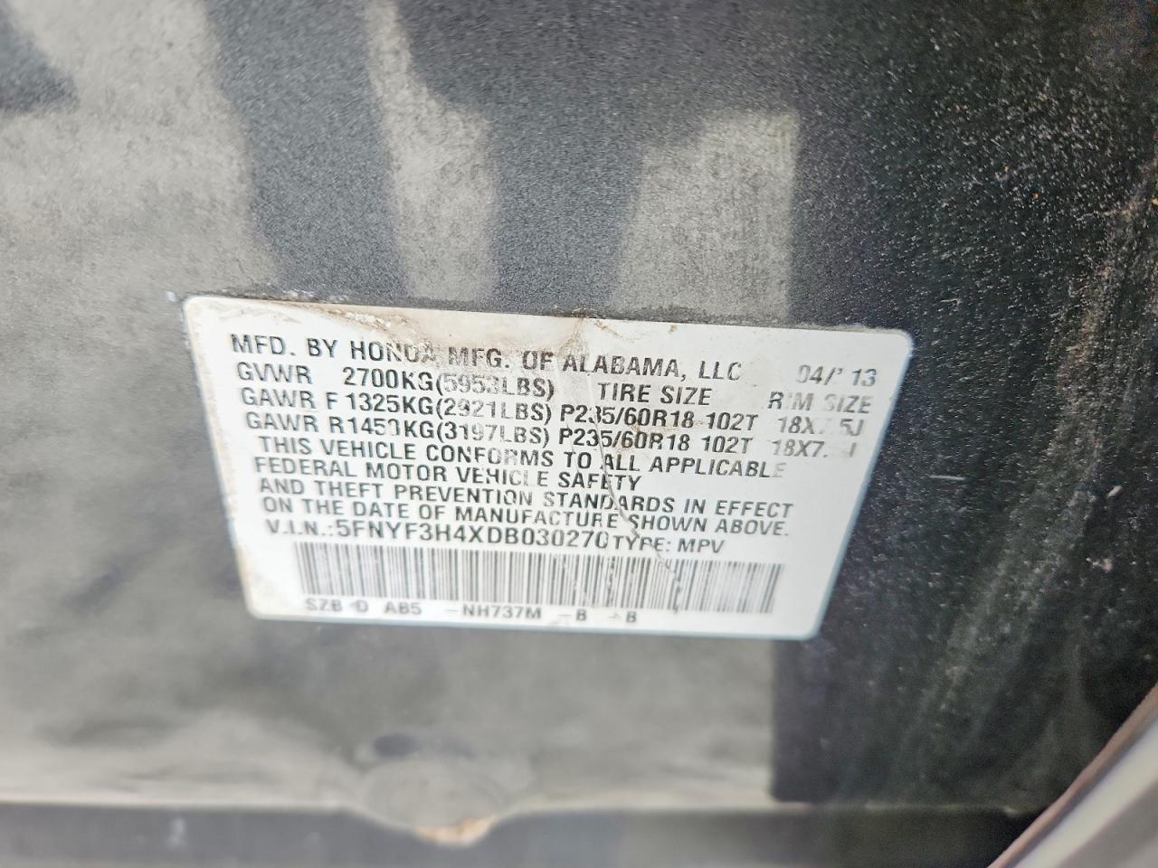 2013 HONDA PILOT EX photo 34