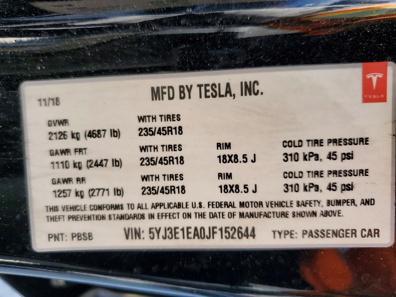2018 TESLA MODEL 3 photo 34