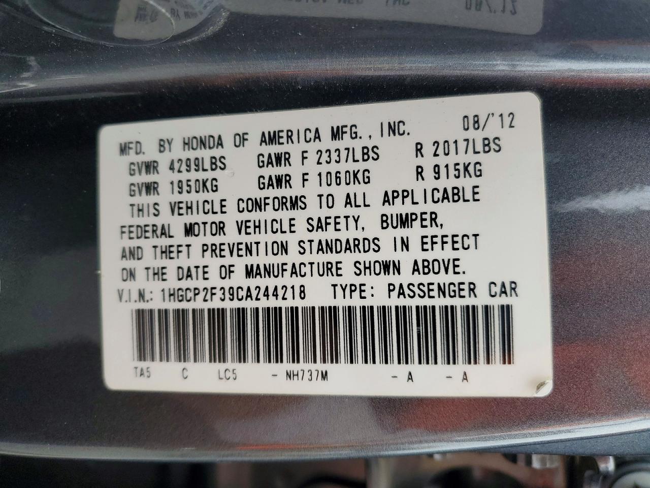 2012 HONDA ACCORD LX photo 34