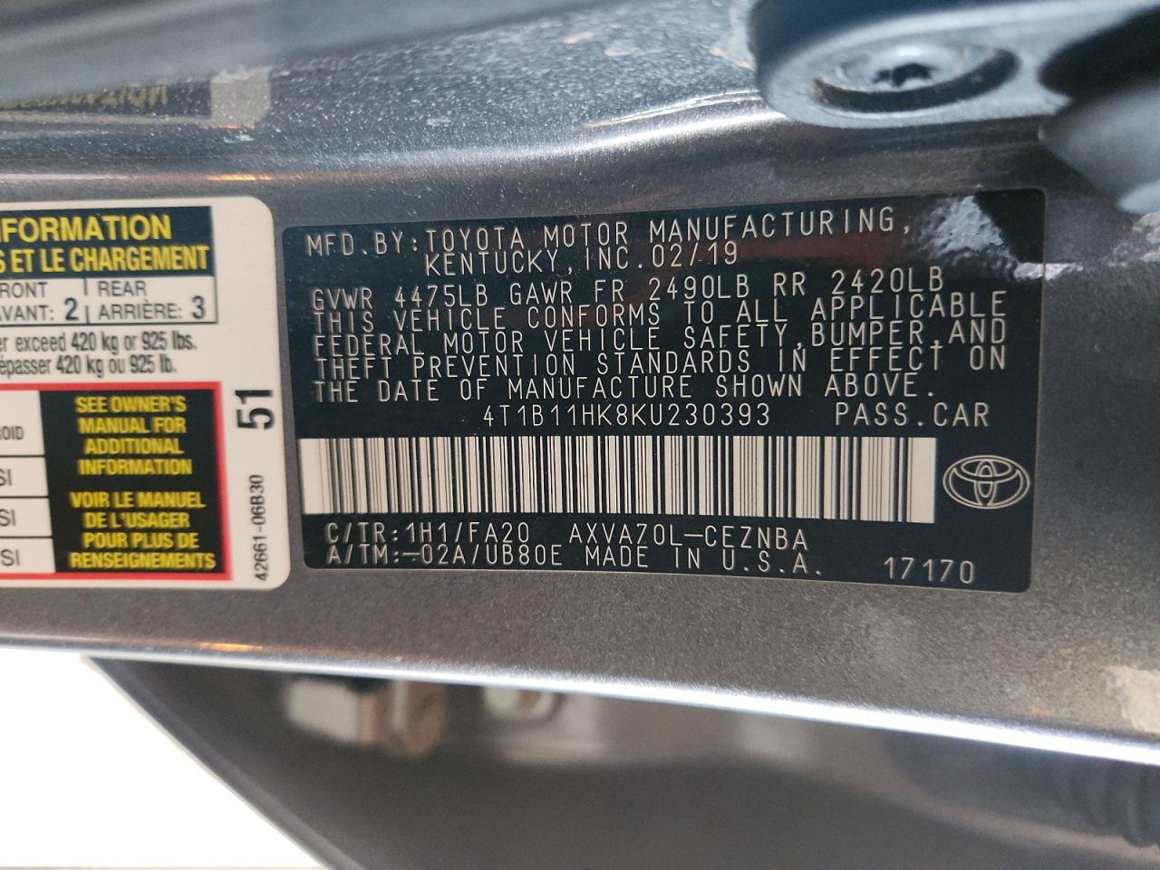 2019 TOYOTA CAMRY LE photo 23