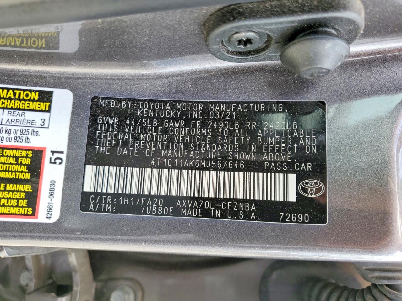 2021 TOYOTA CAMRY LE photo 37
