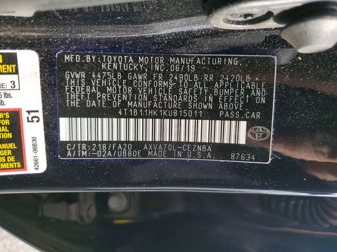 2019 TOYOTA CAMRY LE photo 12