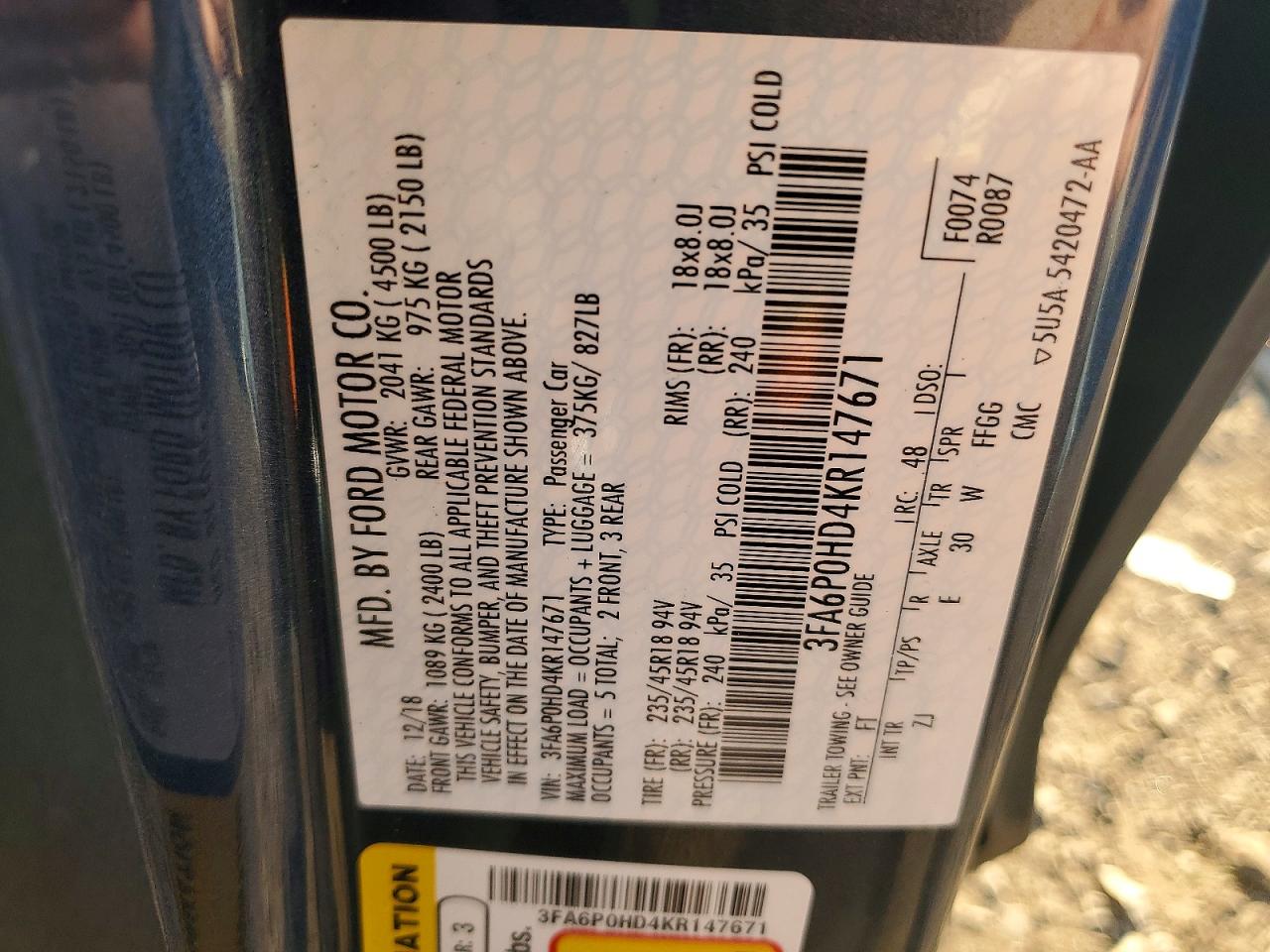 2019 FORD FUSION SE photo 37
