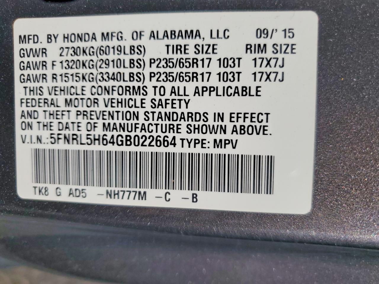 2016 HONDA ODYSSEY EXL photo 27
