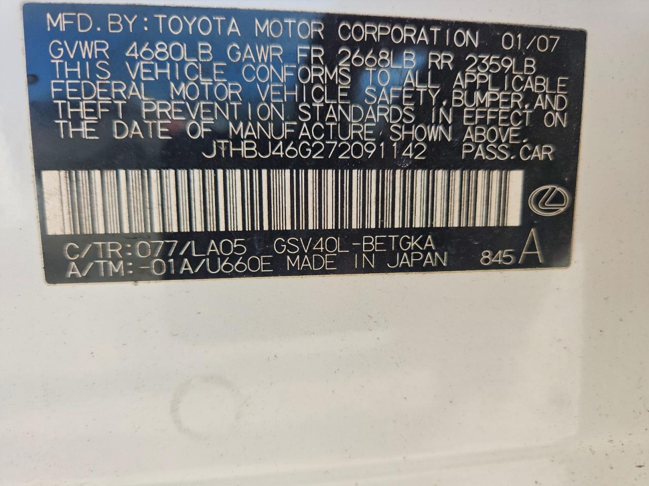 2007 LEXUS ES photo 34