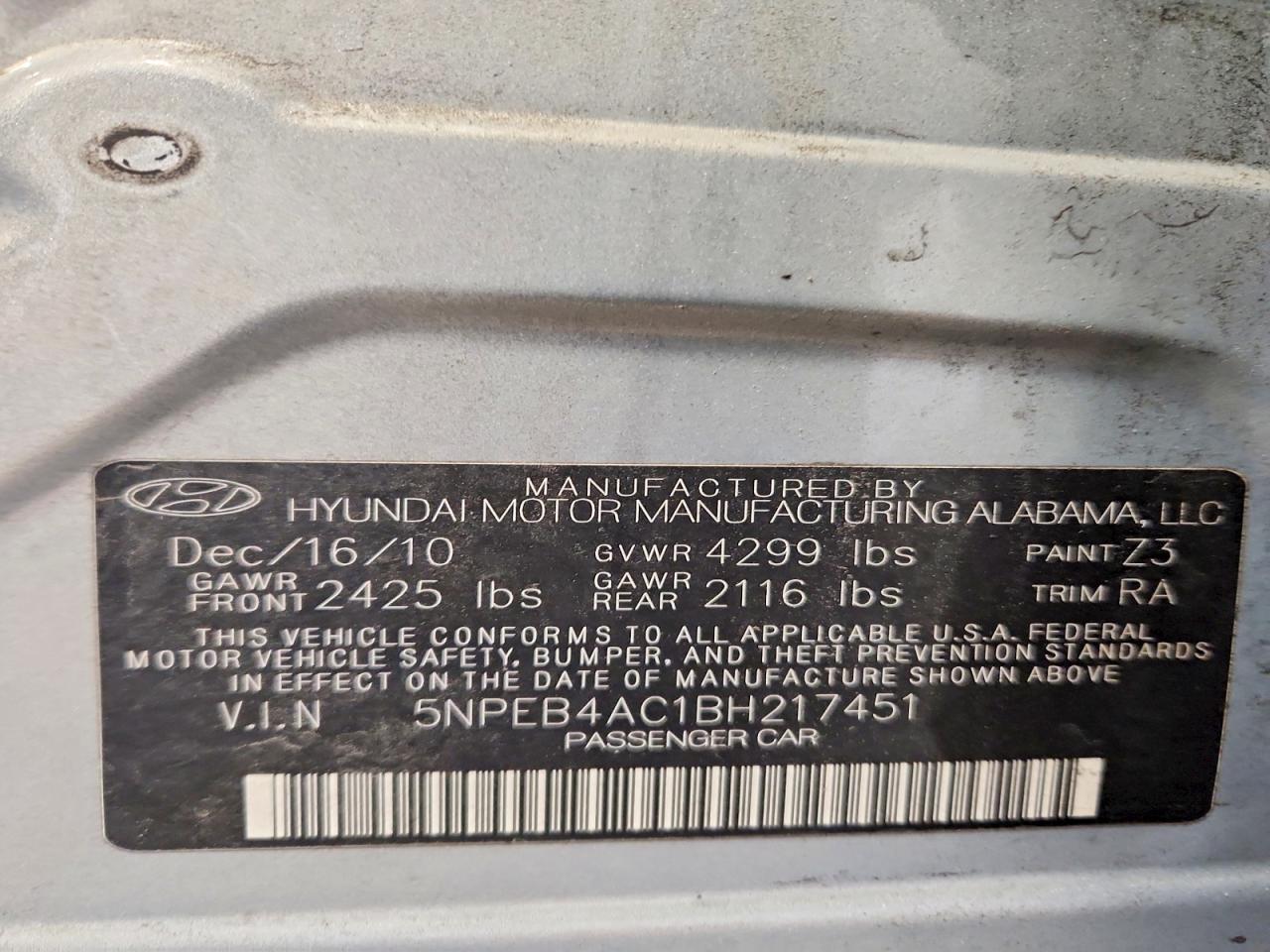 2011 HYUNDAI SONATA GLS photo 12