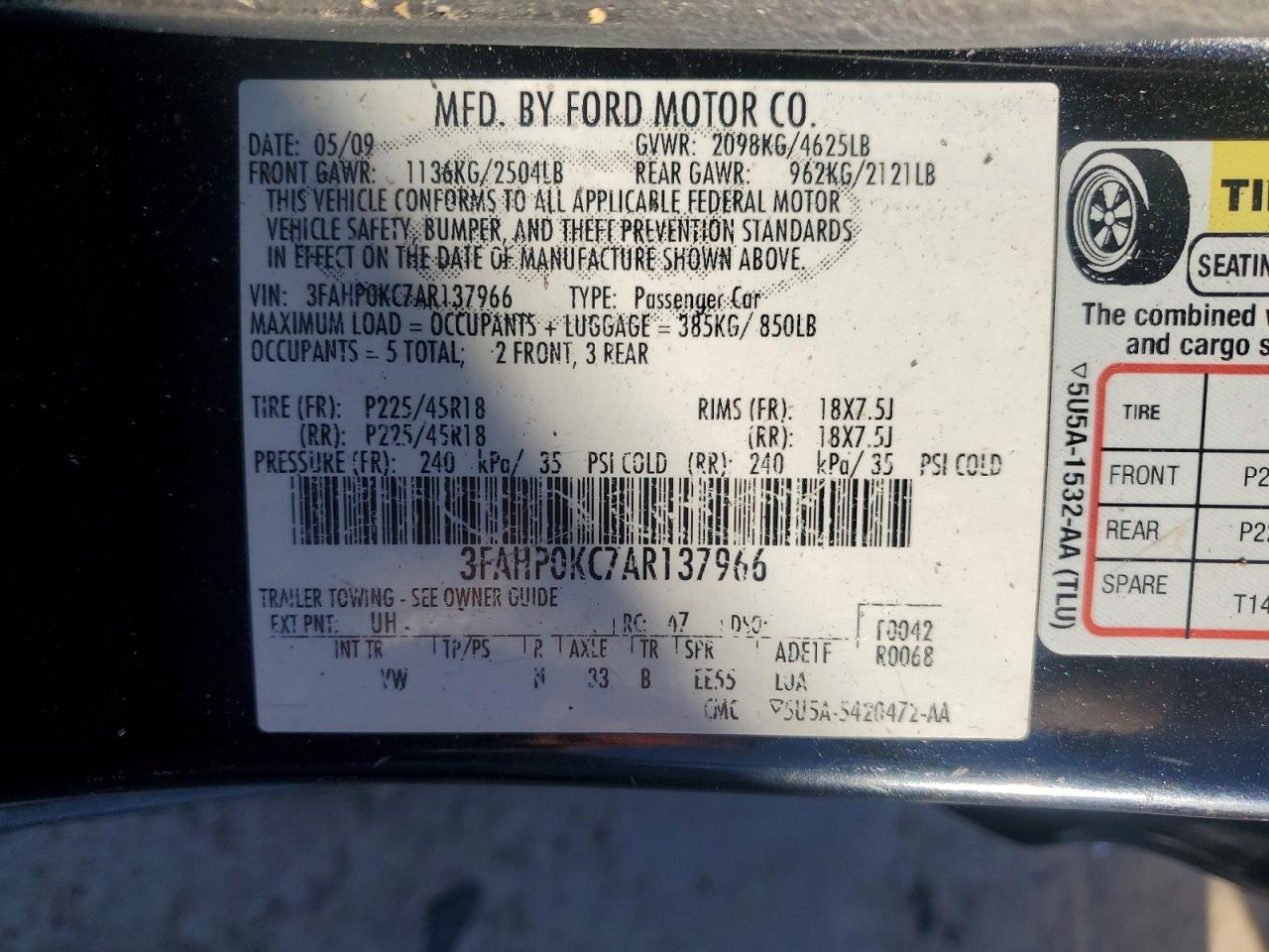 2010 FORD FUSION SPORT photo 37