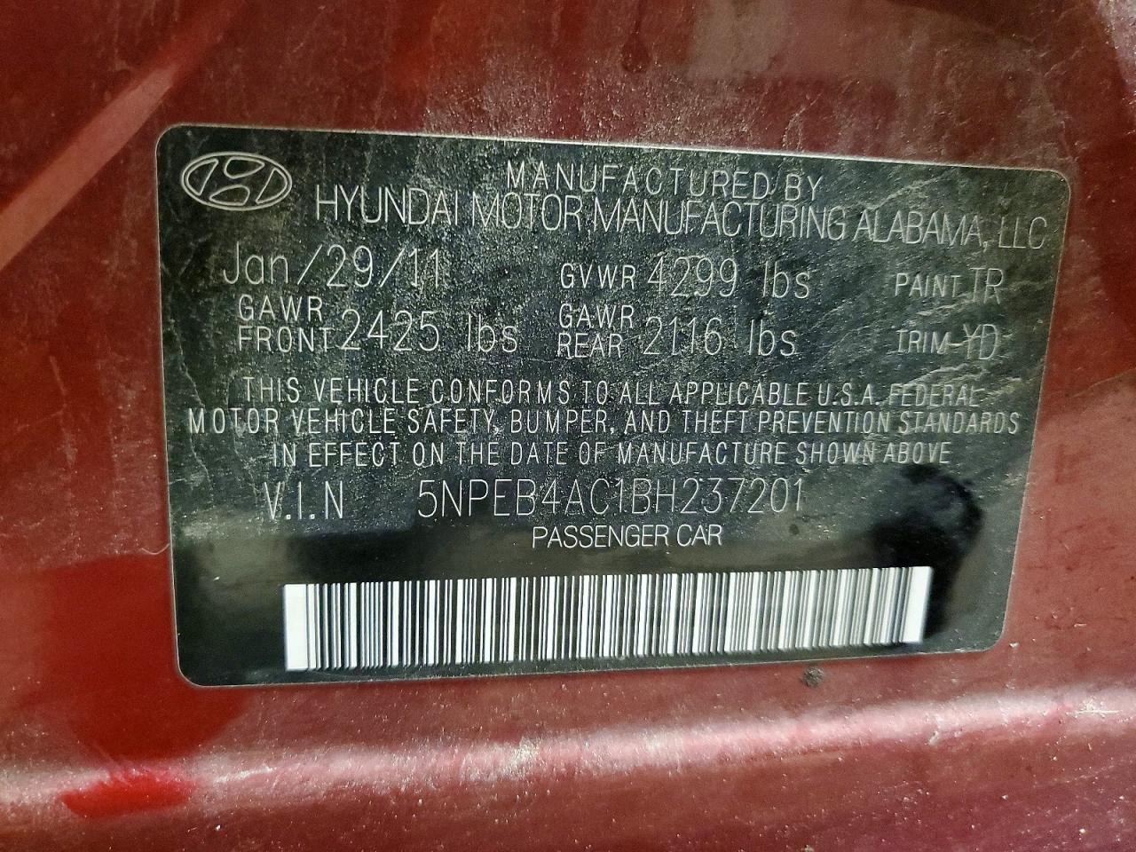 2011 HYUNDAI SONATA GLS photo 34