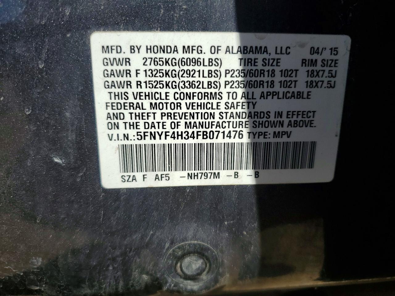 2015 HONDA PILOT SE photo 13