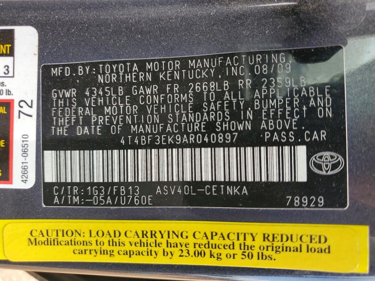 2010 TOYOTA CAMRY LE photo 12