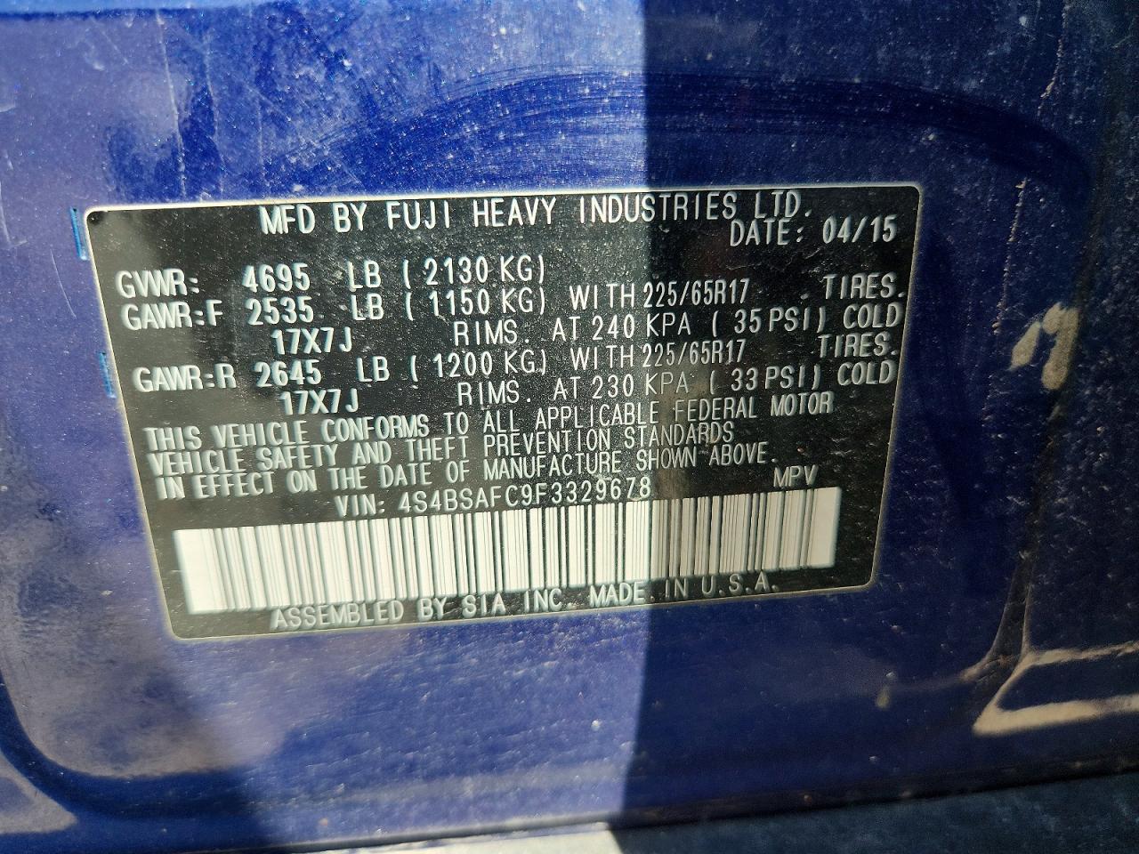 2015 SUBARU OUTBACK 2.5I PREMIUM photo 25