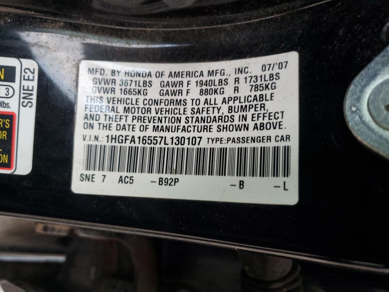 2007 HONDA CIVIC LX photo 12