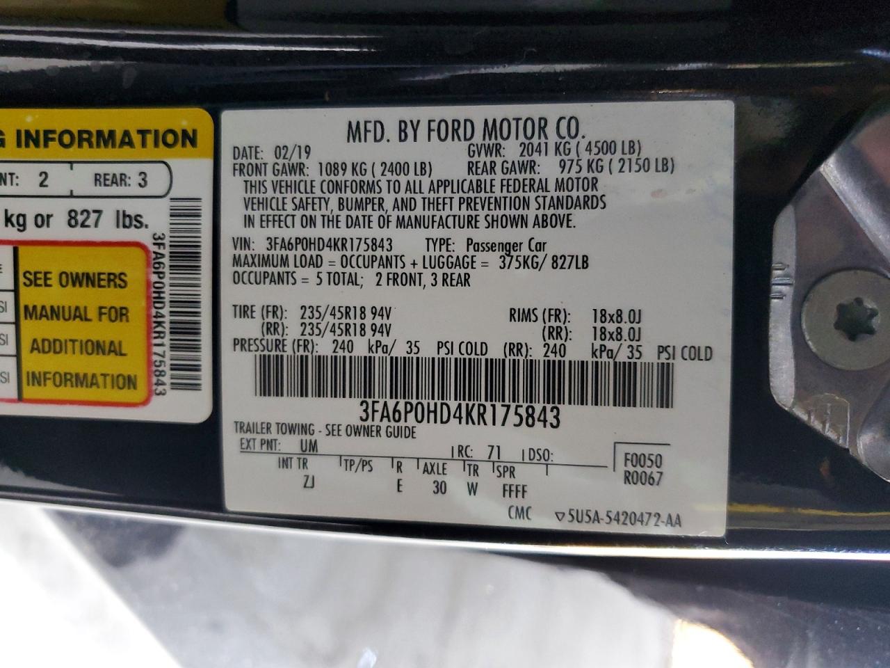 2019 FORD FUSION SE photo 12