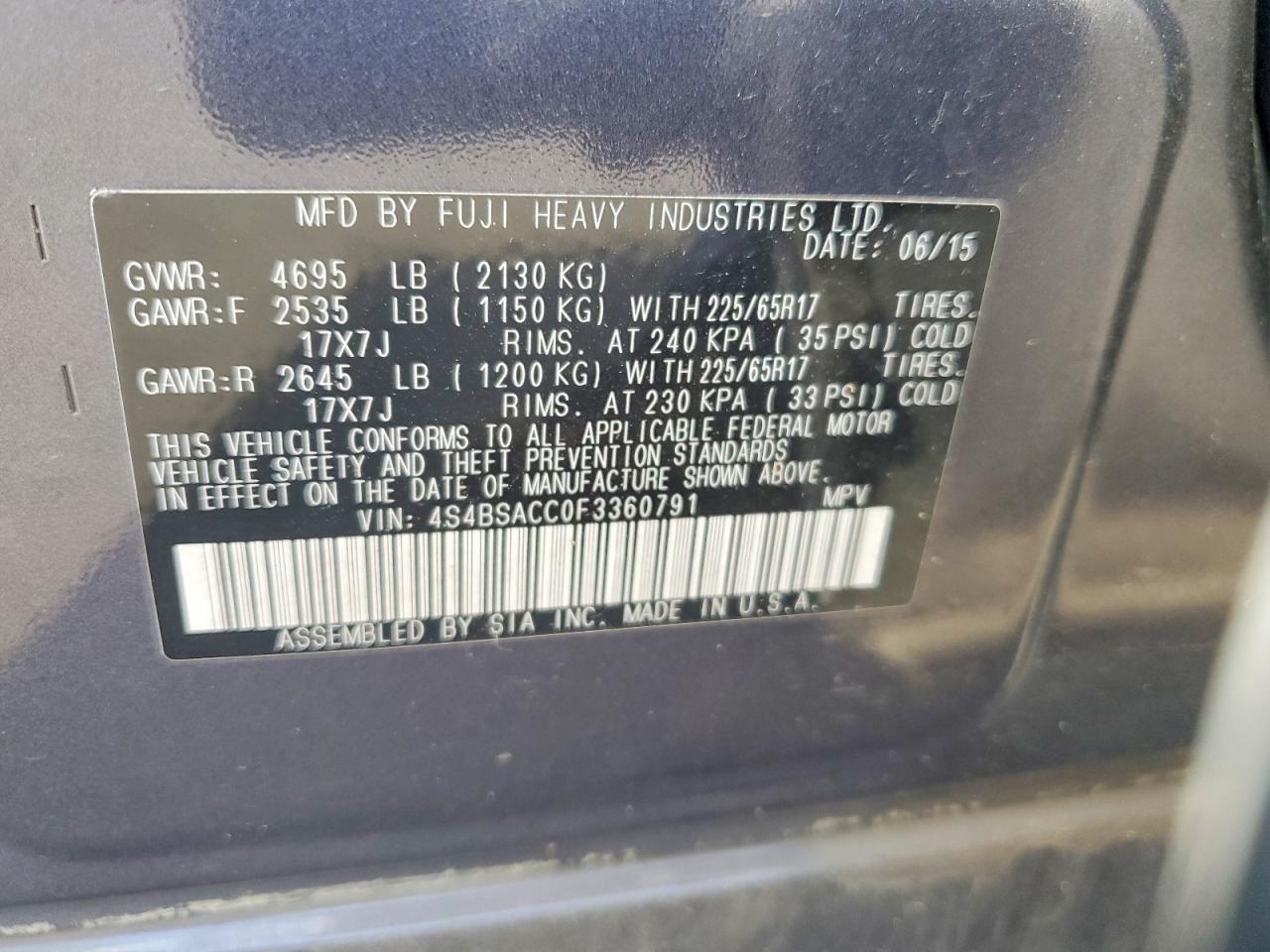 2015 SUBARU OUTBACK 2.5I PREMIUM photo 13