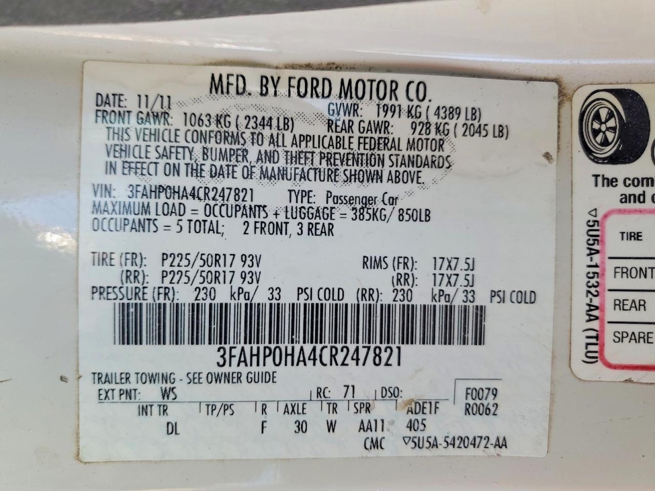 2012 FORD FUSION SE photo 12