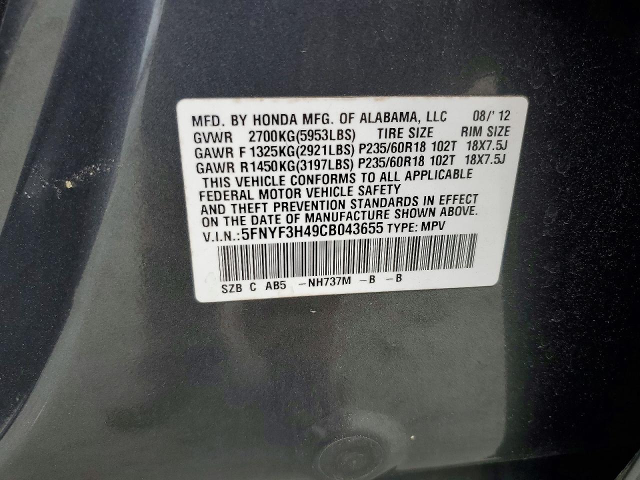 2012 HONDA PILOT photo 37