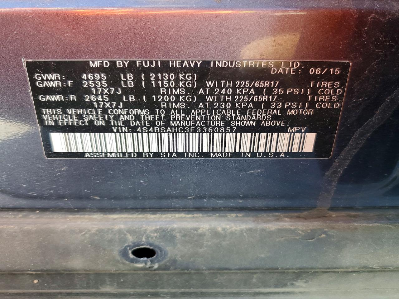 2015 SUBARU OUTBACK 2.5I PREMIUM photo 34