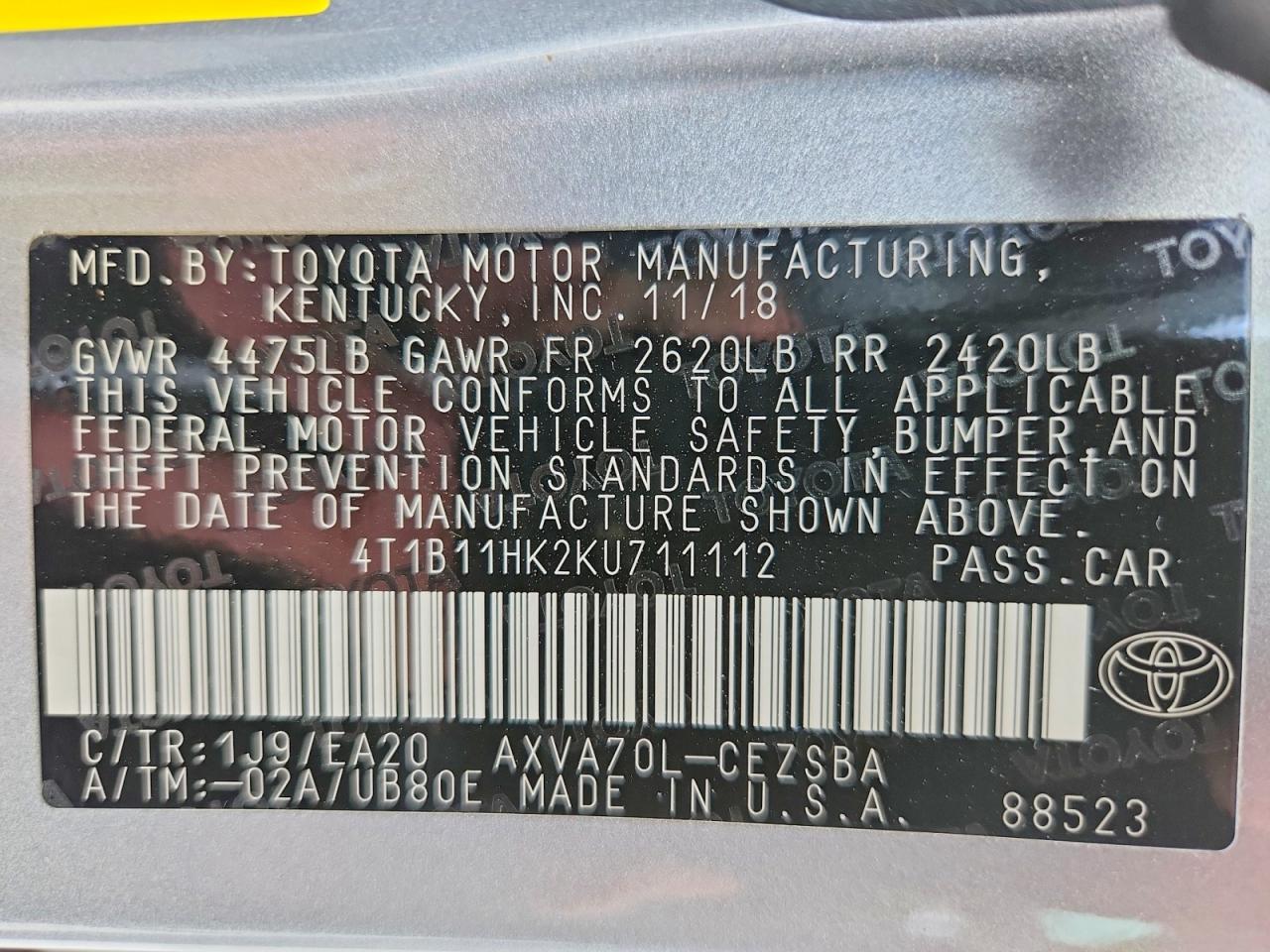 2019 TOYOTA CAMRY SE photo 12