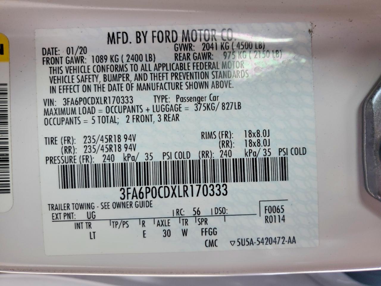 2020 FORD FUSION SEL photo 13