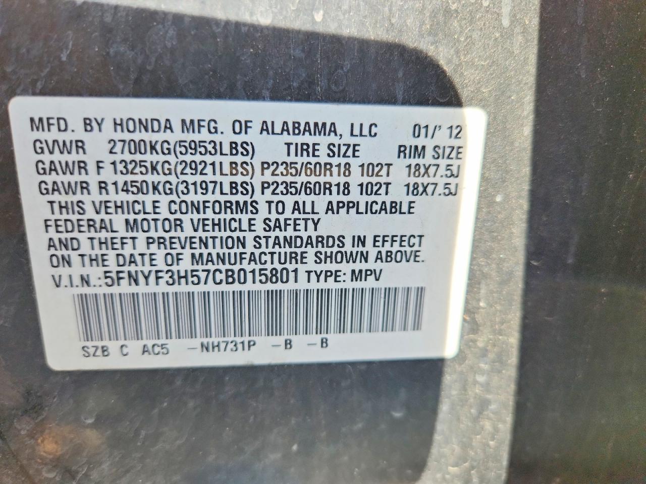 2012 HONDA PILOT EXL photo 34