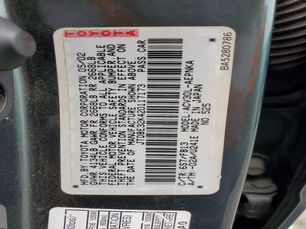 2002 TOYOTA CAMRY LE photo 12