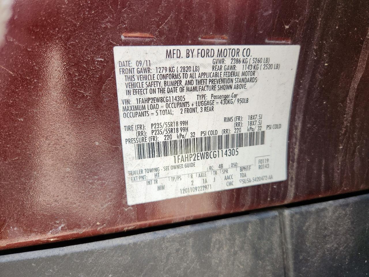 2012 FORD TAURUS SEL photo 23