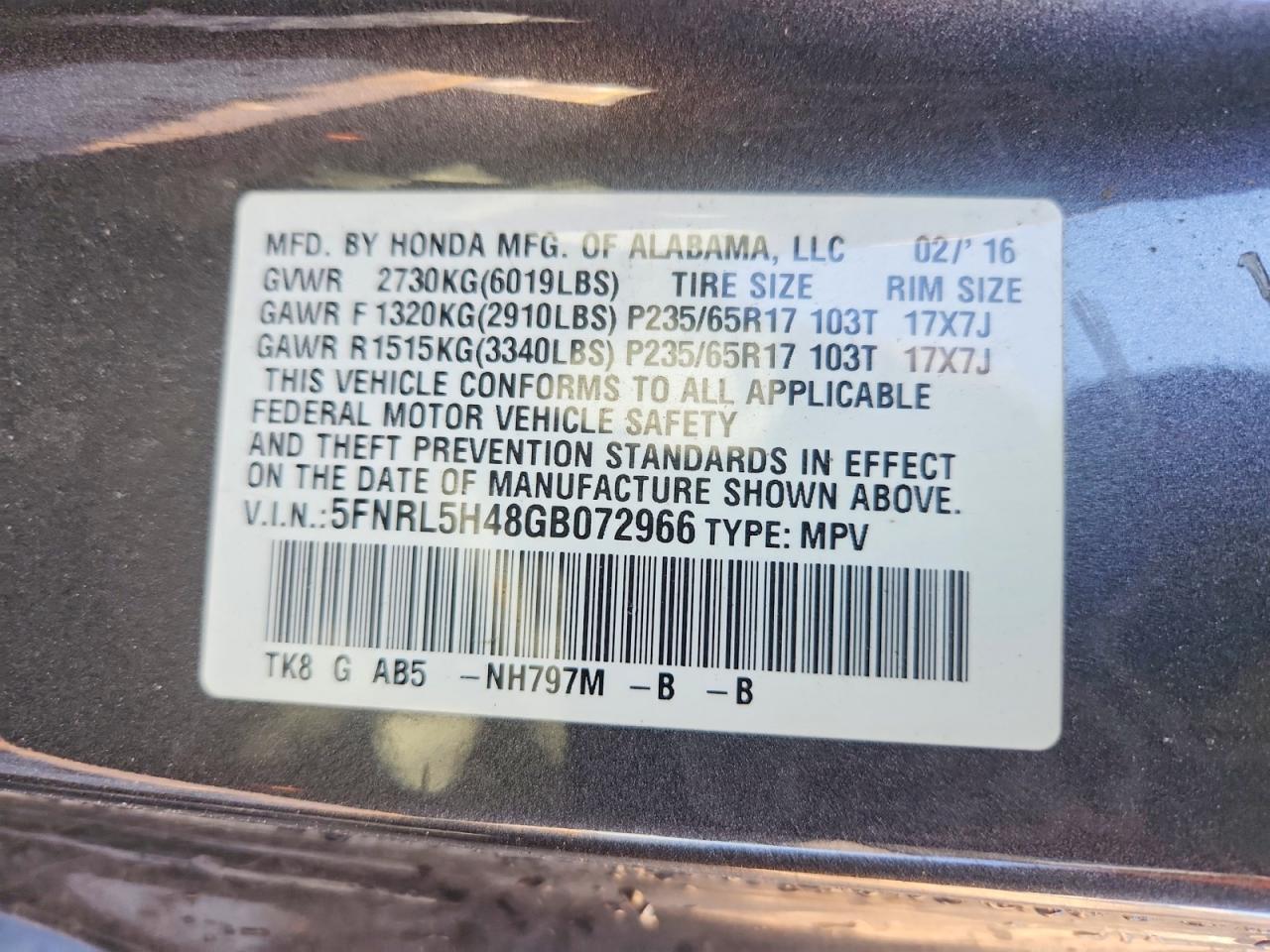 2016 HONDA ODYSSEY EX photo 12
