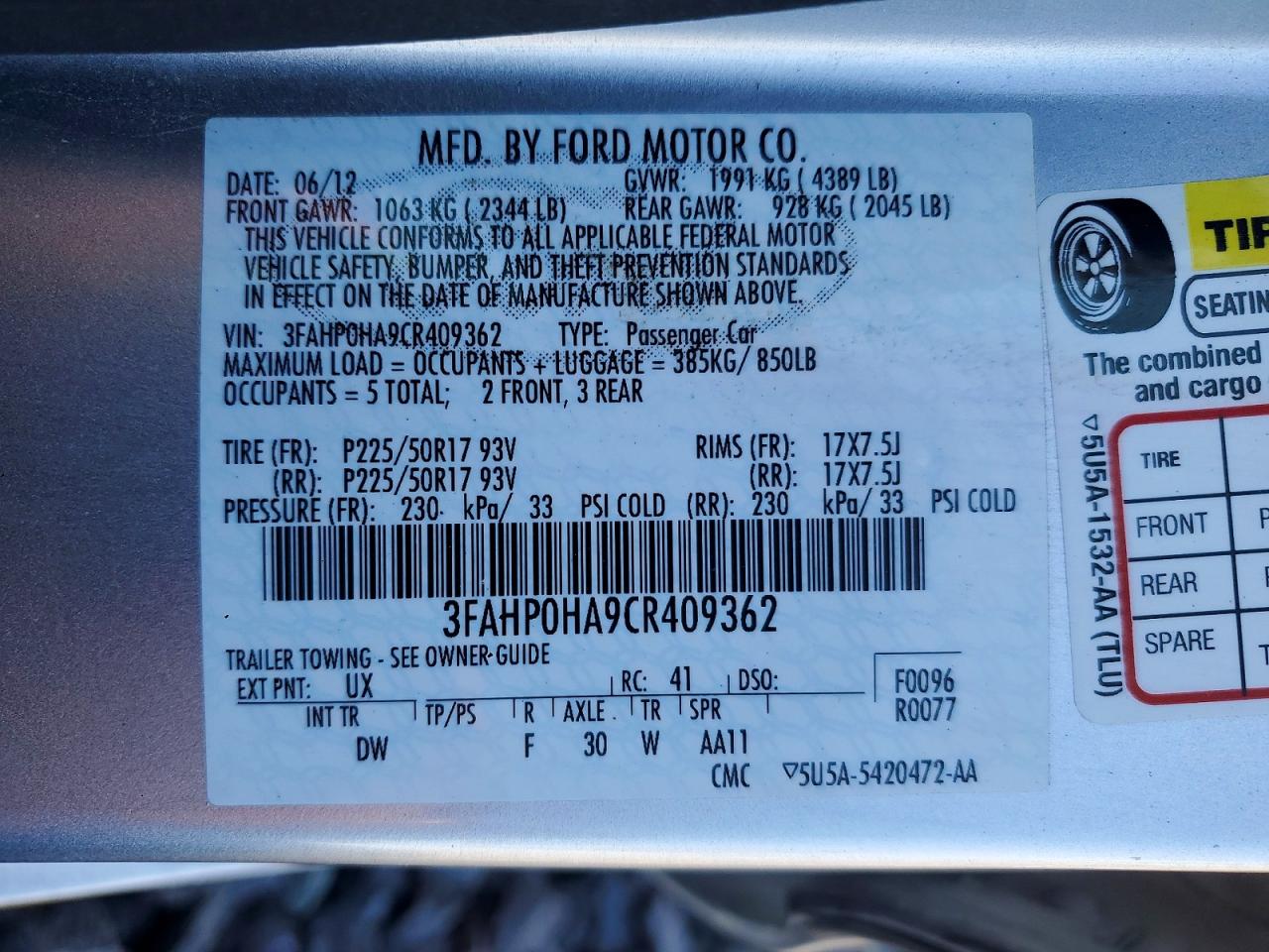 2012 FORD FUSION SE photo 12