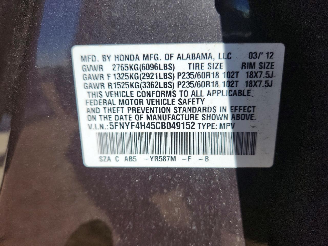 2012 HONDA PILOT EX photo 13