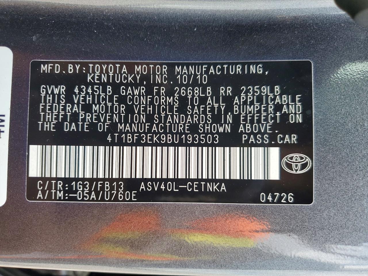 2011 TOYOTA CAMRY LE photo 12