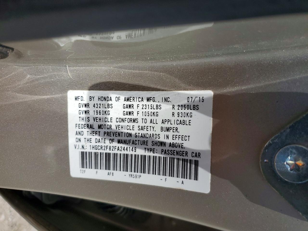 2015 HONDA ACCORD EXL photo 12