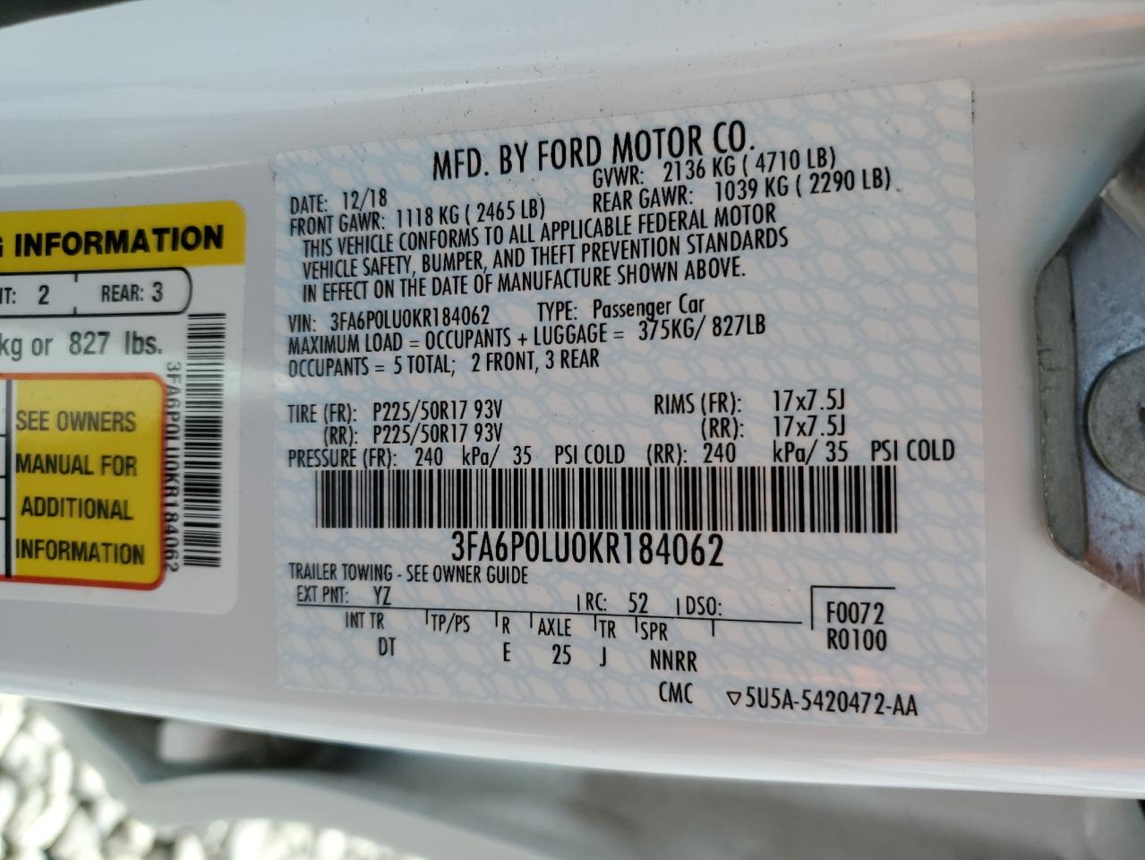 2019 FORD FUSION SE photo 12