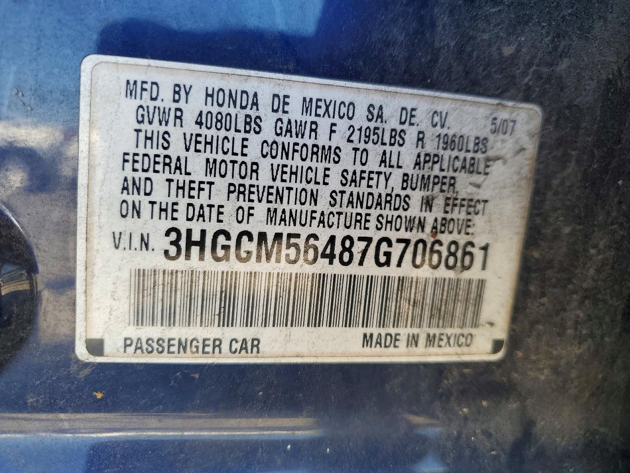 2007 HONDA ACCORD LX photo 23