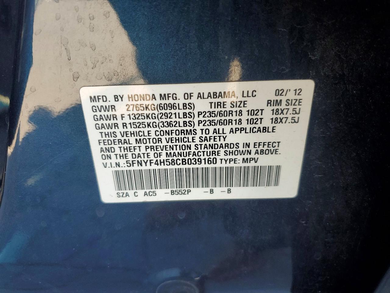 2012 HONDA PILOT EXL photo 12