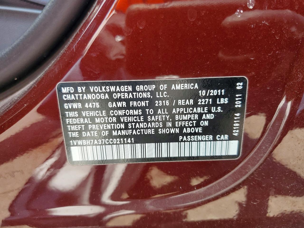 2012 VOLKSWAGEN PASSAT photo 12