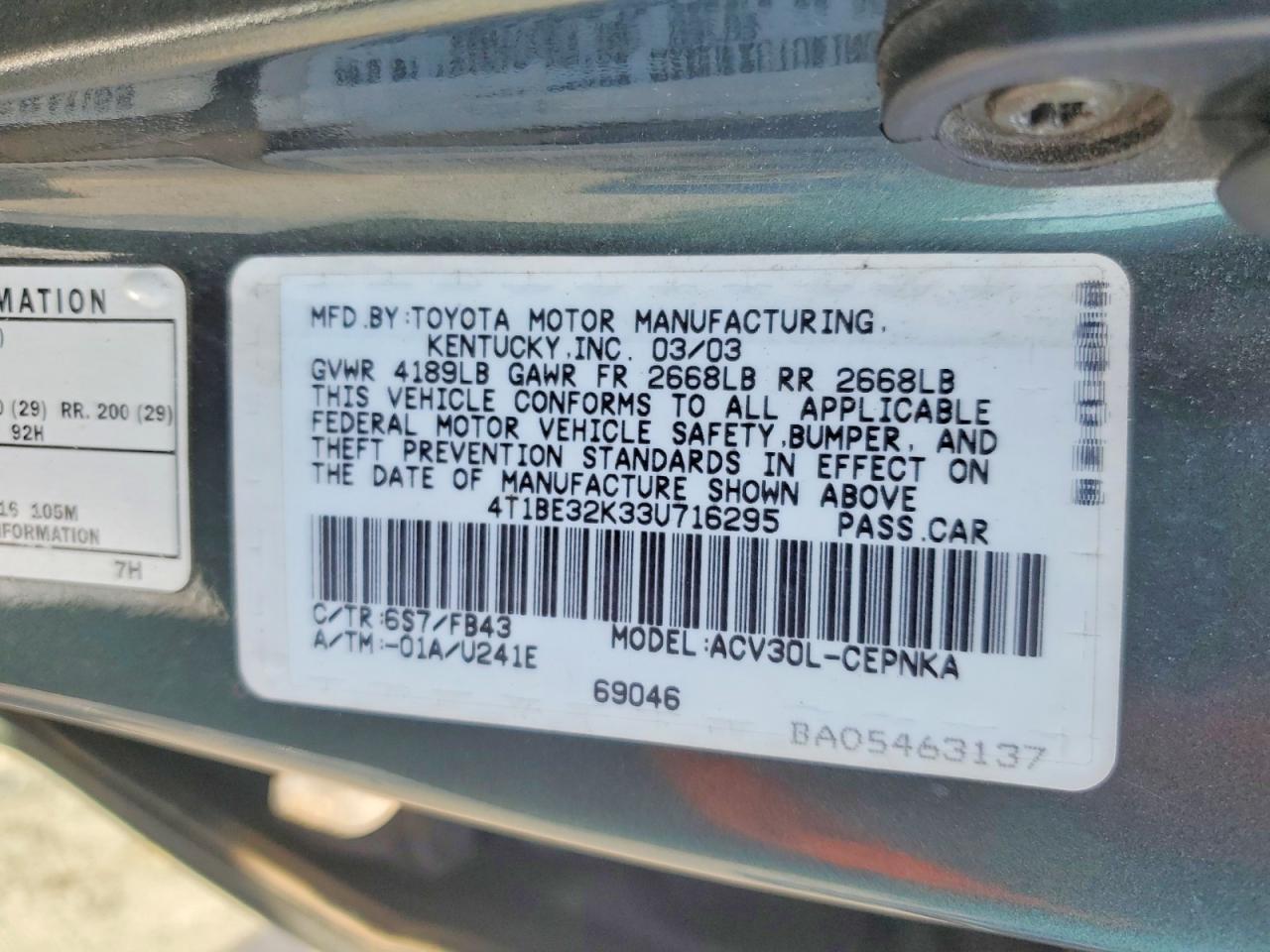 2003 TOYOTA CAMRY LE photo 12