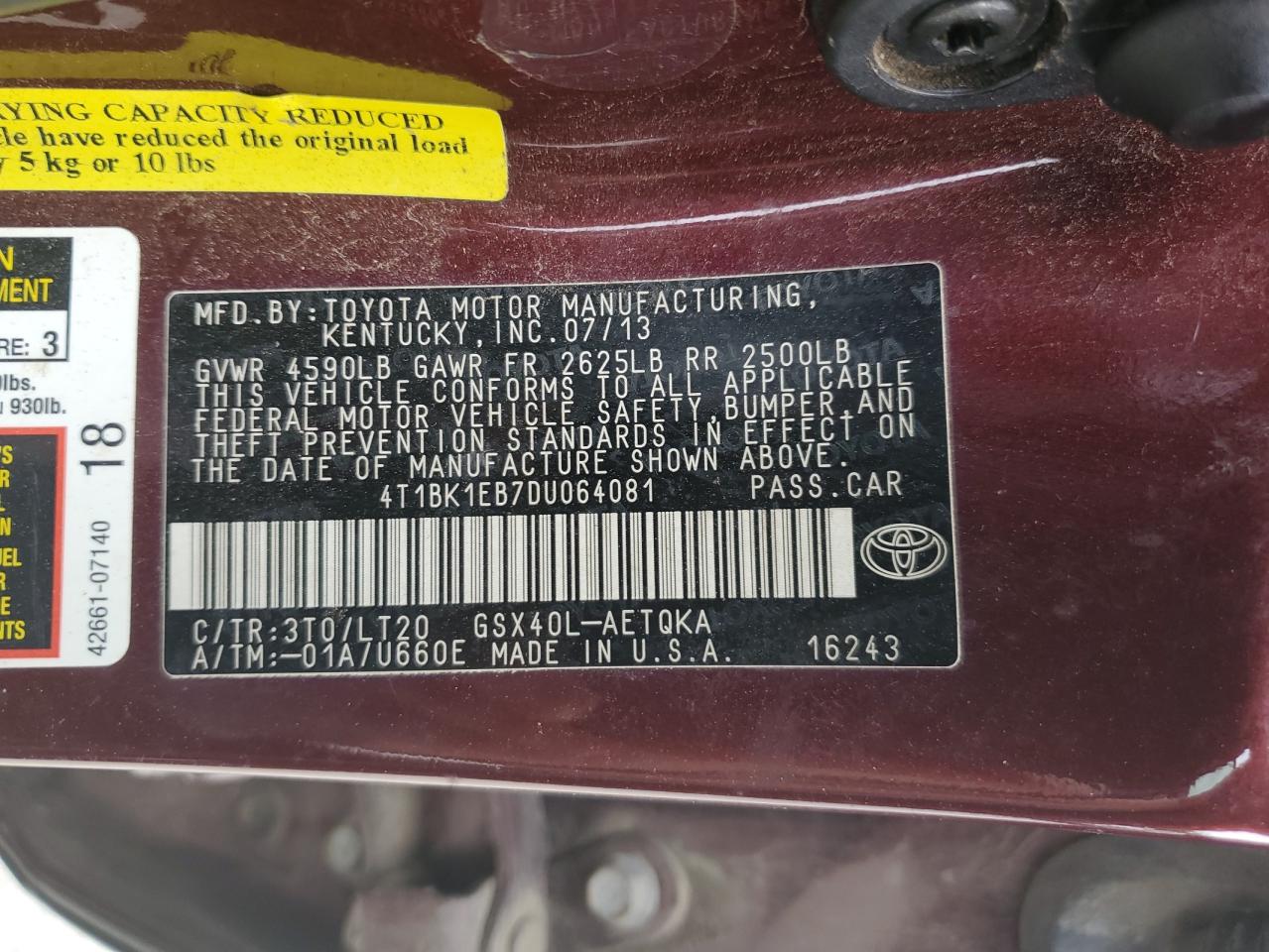 2013 TOYOTA AVALON BASE photo 12