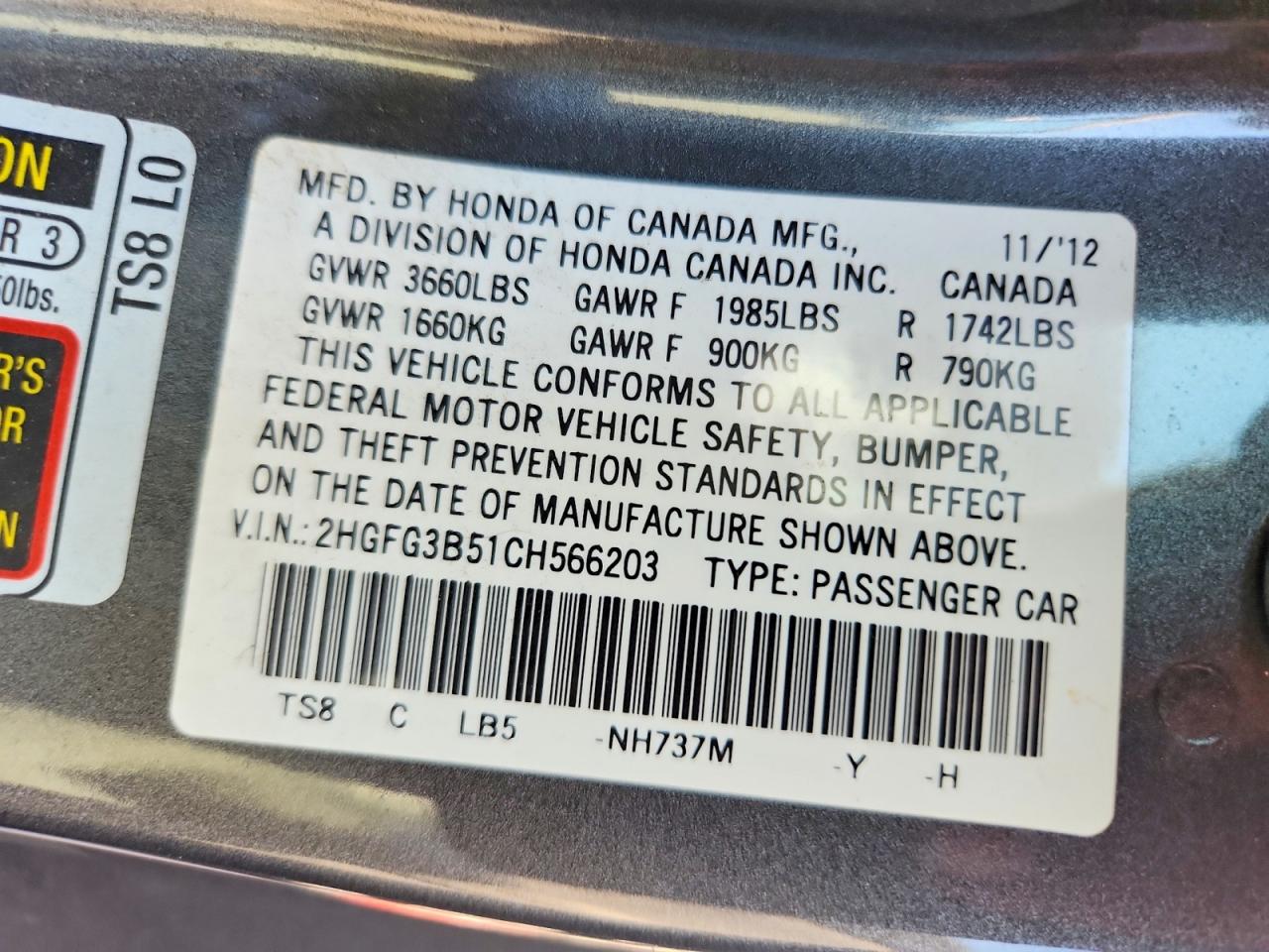 2012 HONDA CIVIC LX photo 23