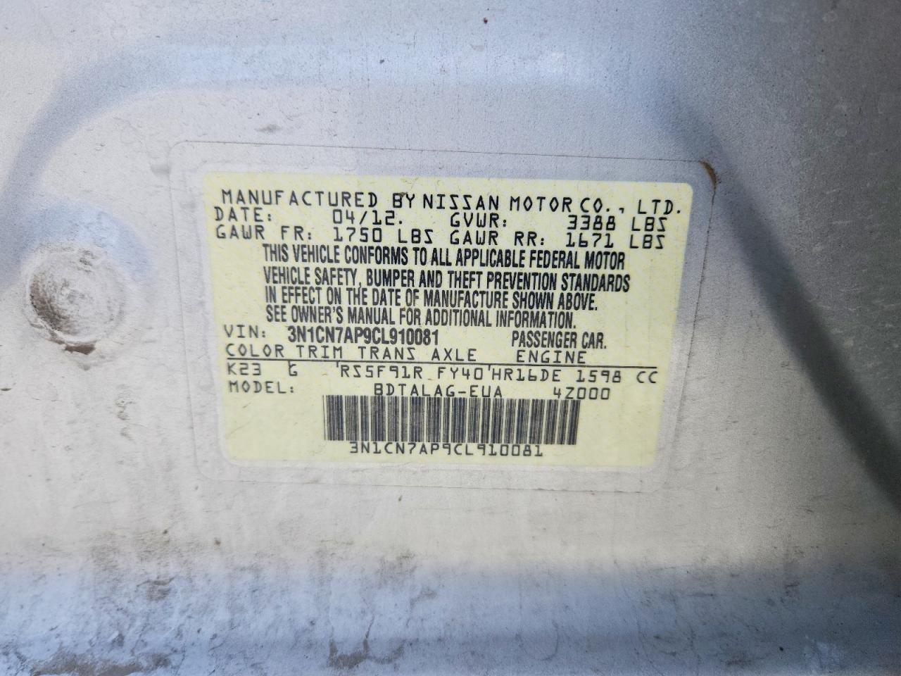 2012 NISSAN VERSA photo 13
