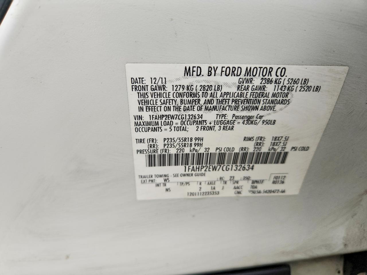 2012 FORD TAURUS SEL photo 12